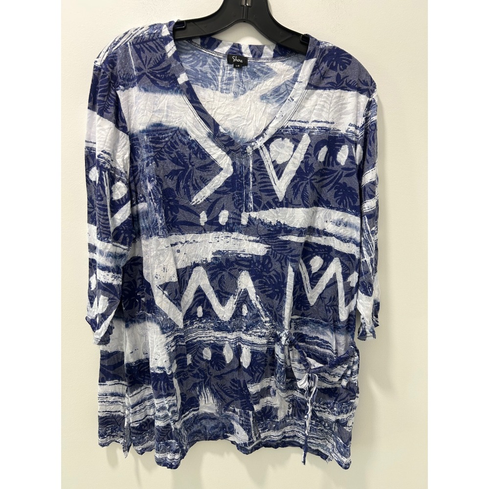 Shana Women Blue White Tropical Abstract V-Neck Side Tie Top Large
